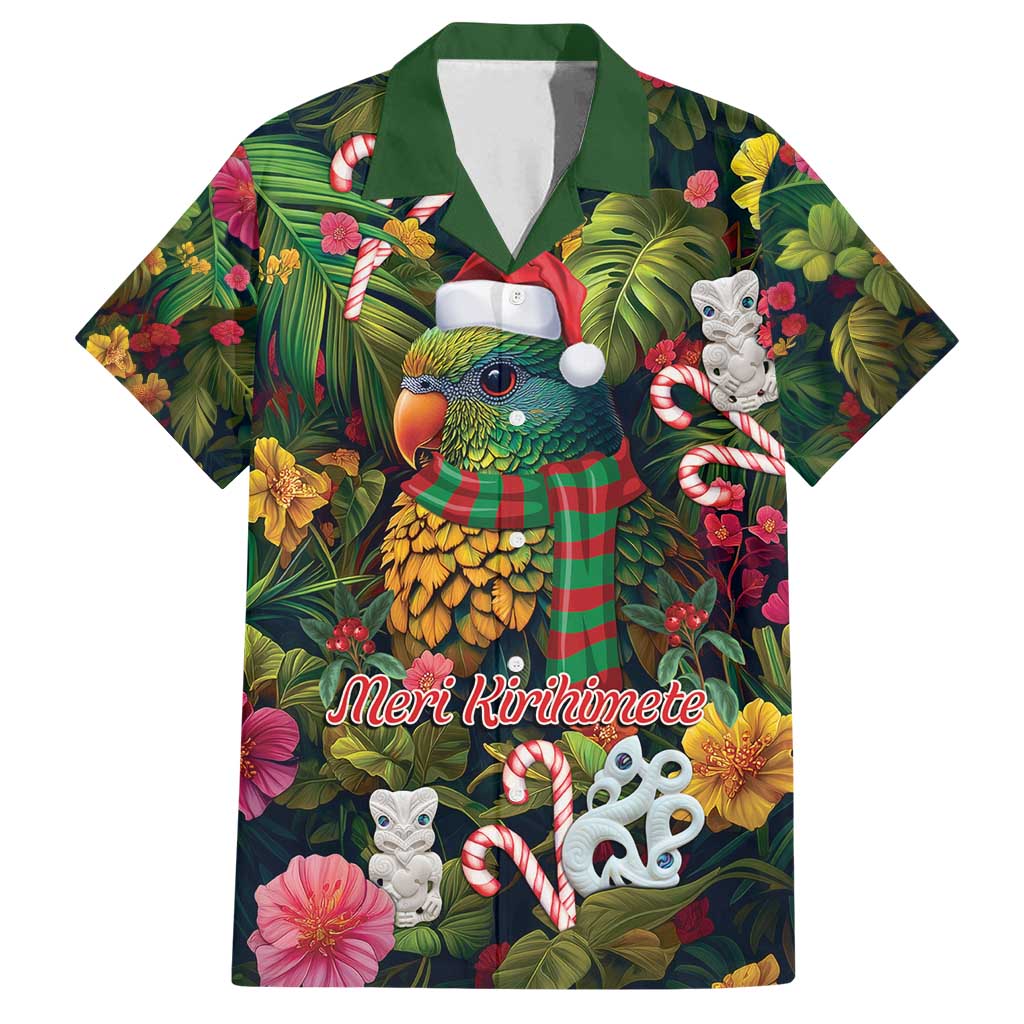 Meri Kirihimete Kakapo Santa Family Matching Puletasi and Hawaiian Shirt Merry Christmas with Tropical Vibe LT9 Dad's Shirt - Short Sleeve Green - Polynesian Pride