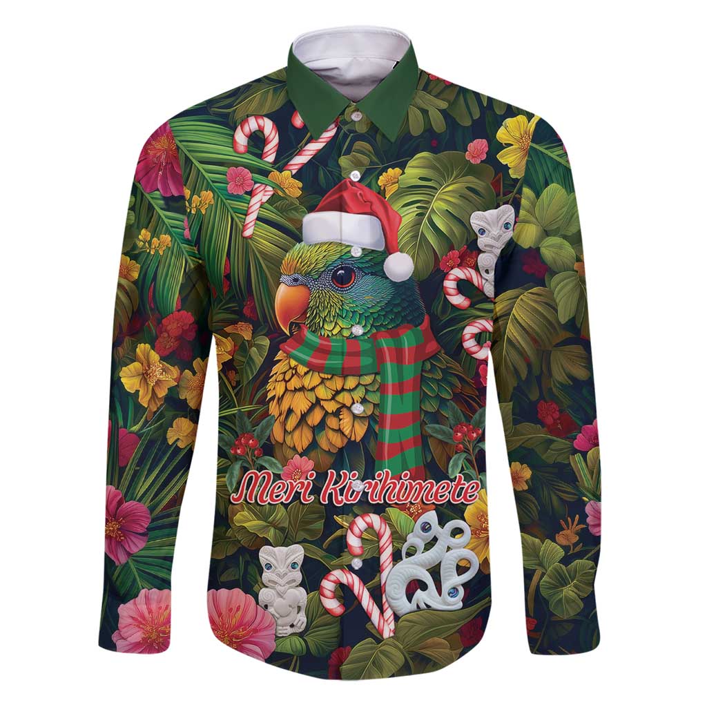 Meri Kirihimete Kakapo Santa Family Matching Puletasi and Hawaiian Shirt Merry Christmas with Tropical Vibe LT9 Dad's Shirt - Long Sleeve Green - Polynesian Pride