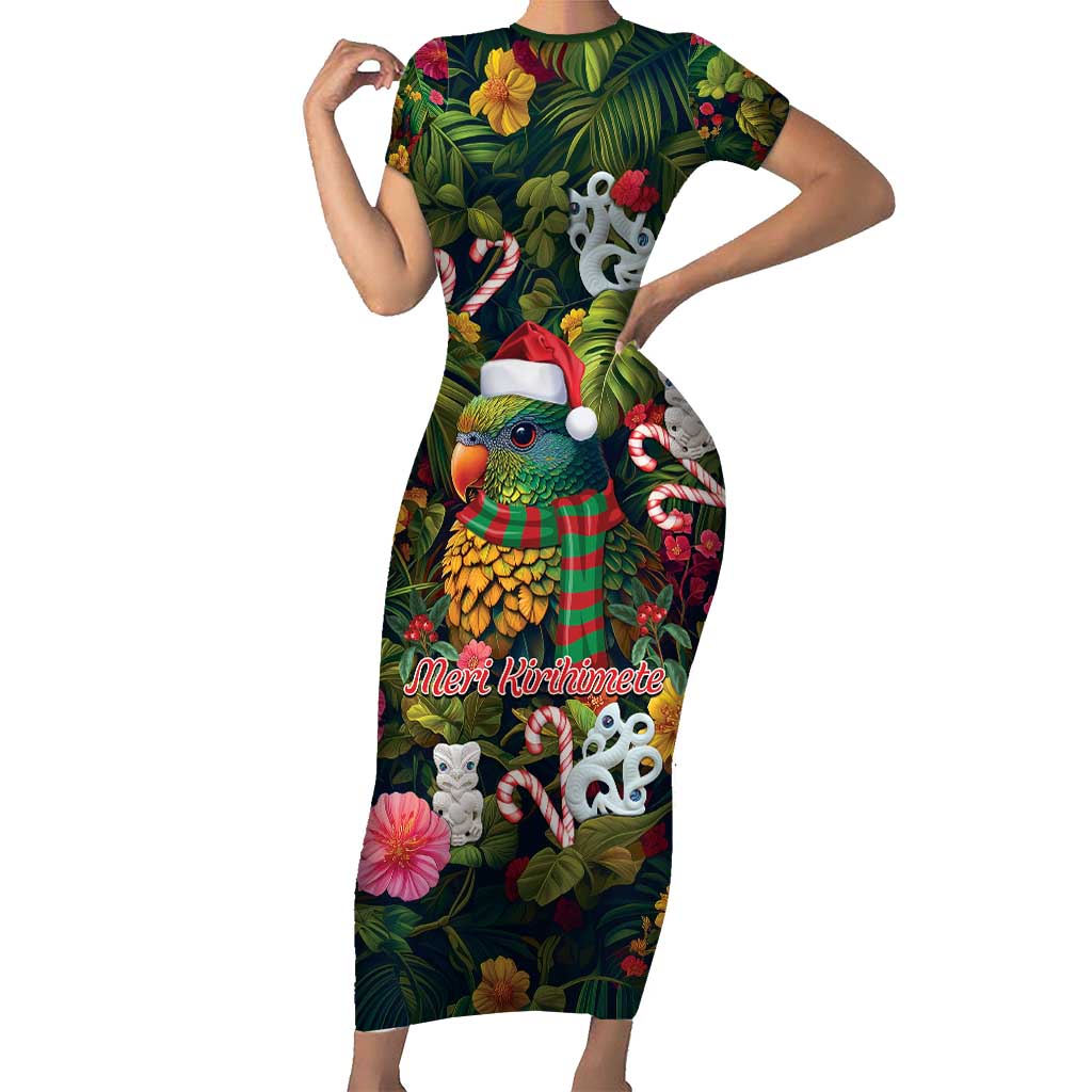 Meri Kirihimete Kakapo Santa Family Matching Short Sleeve Bodycon Dress and Hawaiian Shirt Merry Christmas with Tropical Vibe LT9 Mom's Dress Green - Polynesian Pride