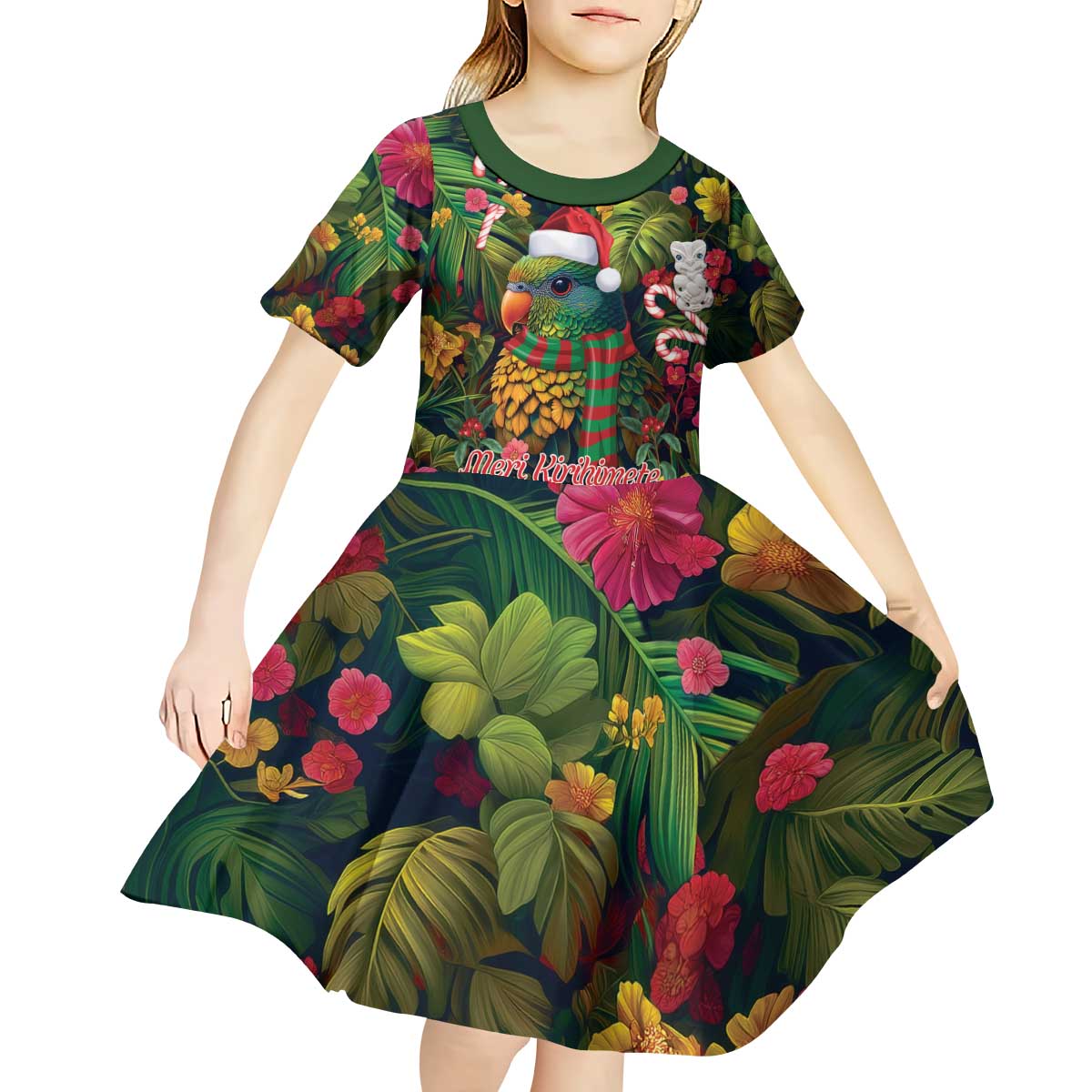 Meri Kirihimete Kakapo Santa Kid Short Sleeve Dress Merry Christmas with Tropical Vibe