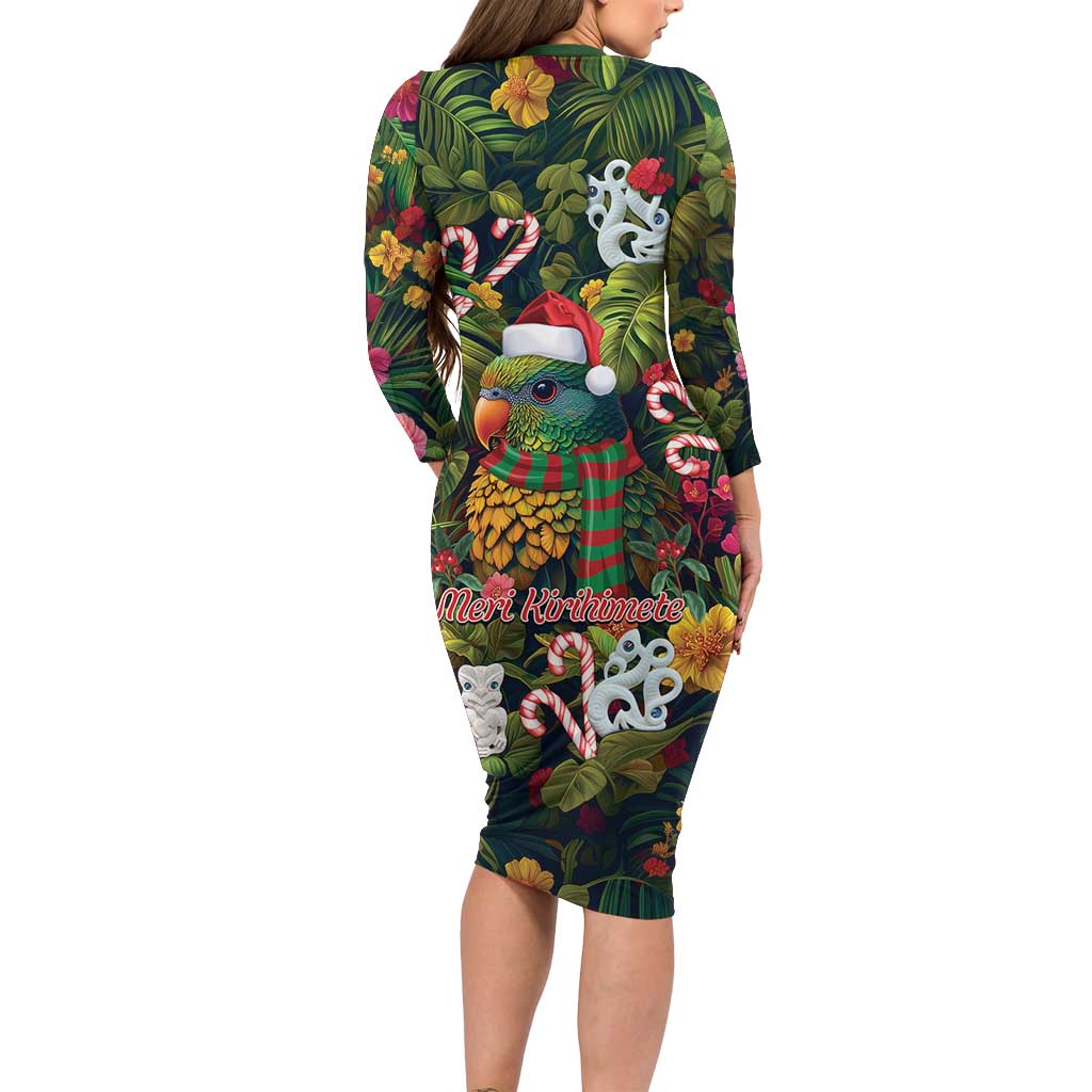 Meri Kirihimete Kakapo Santa Long Sleeve Bodycon Dress Merry Christmas with Tropical Vibe LT9 - Polynesian Pride