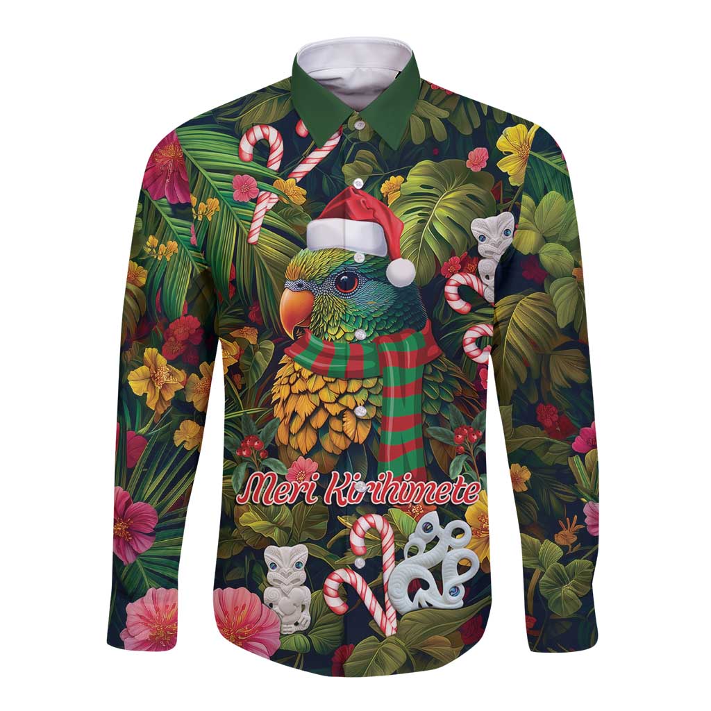 Meri Kirihimete Kakapo Santa Long Sleeve Button Shirt Merry Christmas with Tropical Vibe