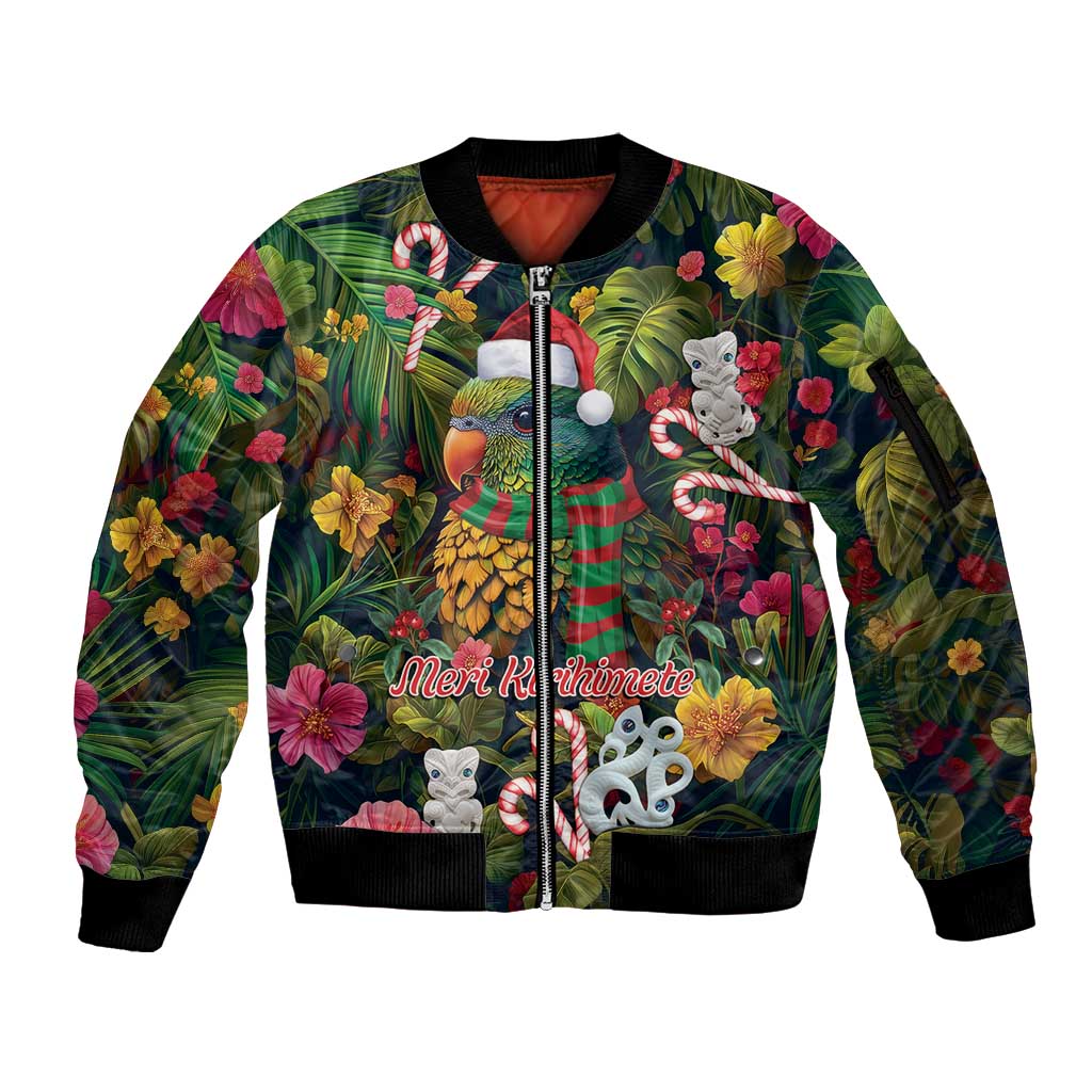 Meri Kirihimete Kakapo Santa Sleeve Zip Bomber Jacket Merry Christmas with Tropical Vibe LT9 Unisex Green - Polynesian Pride