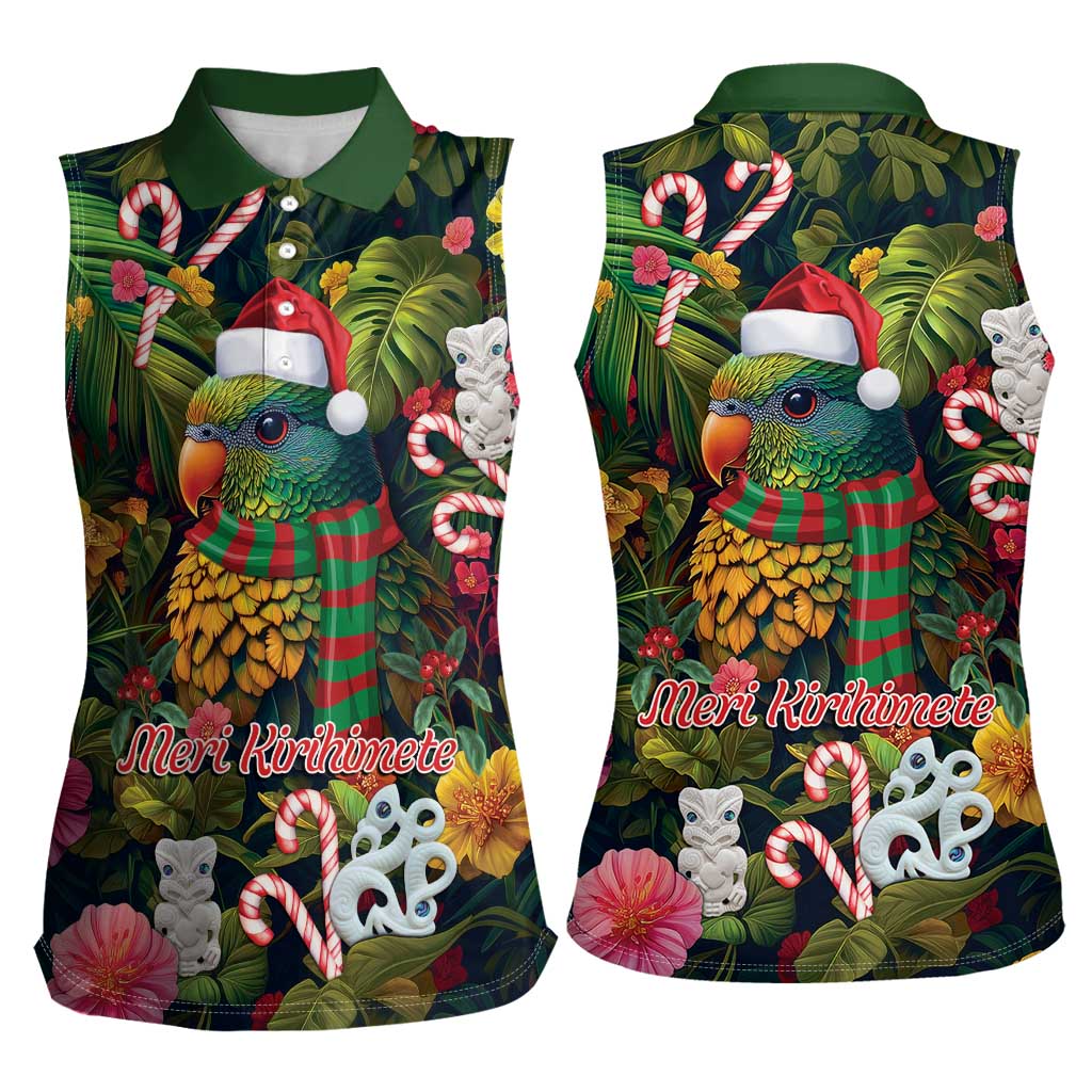 Meri Kirihimete Kakapo Santa Women Sleeveless Polo Shirt Merry Christmas with Tropical Vibe LT9 - Polynesian Pride