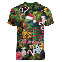 Meri Kirihimete Kakapo Santa Women V-Neck T-Shirt Merry Christmas with Tropical Vibe LT9 - Polynesian Pride