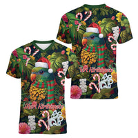 Meri Kirihimete Kakapo Santa Women V-Neck T-Shirt Merry Christmas with Tropical Vibe LT9 - Polynesian Pride
