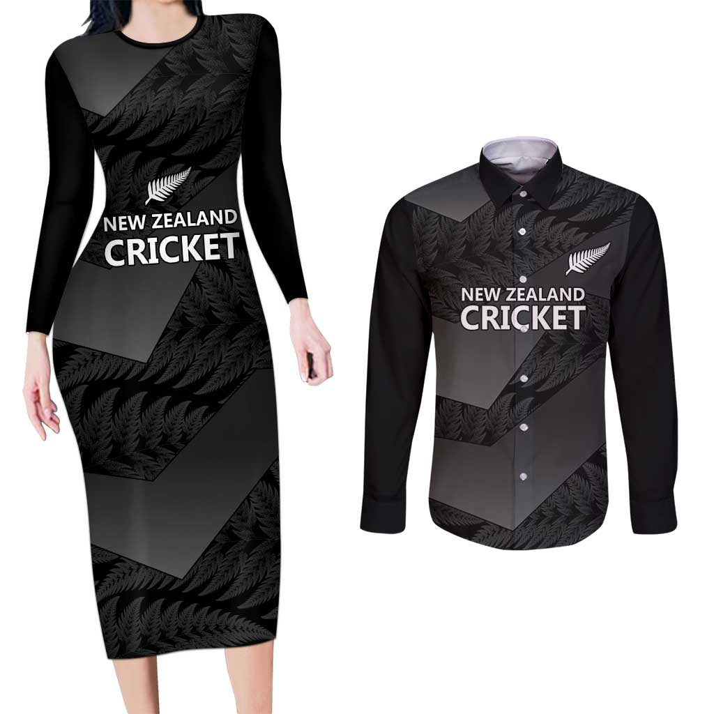 New Zealand Cricket Custom Couples Matching Long Sleeve Bodycon Dress and Long Sleeve Button Shirt Potae Pango Black Fern Pattern
