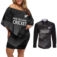 New Zealand Cricket Custom Couples Matching Off Shoulder Short Dress and Long Sleeve Button Shirt Potae Pango Black Fern Pattern