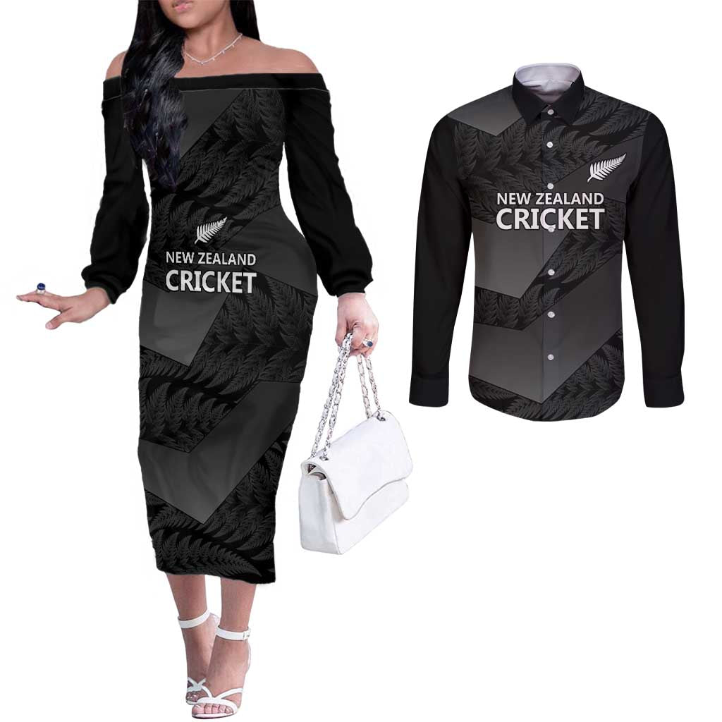 New Zealand Cricket Custom Couples Matching Off The Shoulder Long Sleeve Dress and Long Sleeve Button Shirt Potae Pango Black Fern Pattern