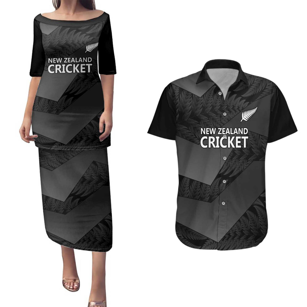 New Zealand Cricket Custom Couples Matching Puletasi and Hawaiian Shirt Potae Pango Black Fern Pattern