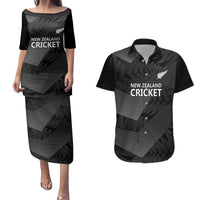 New Zealand Cricket Custom Couples Matching Puletasi and Hawaiian Shirt Potae Pango Black Fern Pattern