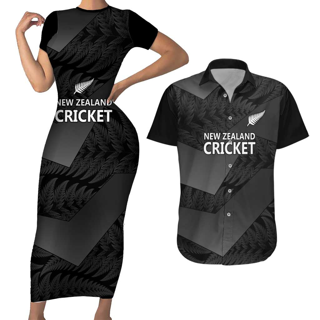 New Zealand Cricket Custom Couples Matching Short Sleeve Bodycon Dress and Hawaiian Shirt Potae Pango Black Fern Pattern