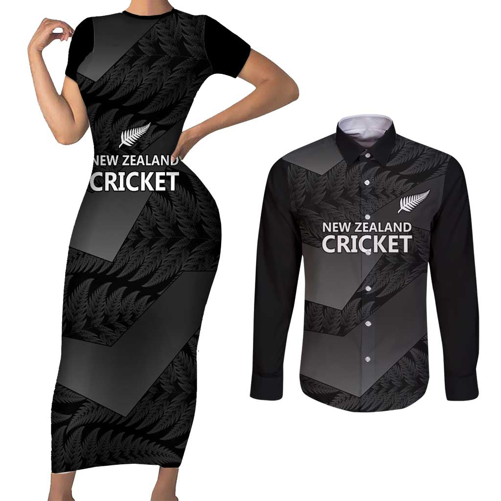 New Zealand Cricket Custom Couples Matching Short Sleeve Bodycon Dress and Long Sleeve Button Shirt Potae Pango Black Fern Pattern