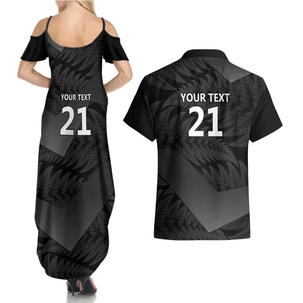 New Zealand Cricket Custom Couples Matching Summer Maxi Dress and Hawaiian Shirt Potae Pango Black Fern Pattern