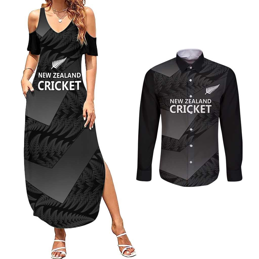 New Zealand Cricket Custom Couples Matching Summer Maxi Dress and Long Sleeve Button Shirt Potae Pango Black Fern Pattern