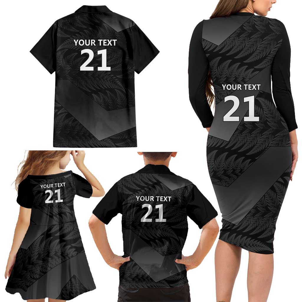 New Zealand Cricket Custom Family Matching Long Sleeve Bodycon Dress and Hawaiian Shirt Potae Pango Black Fern Pattern LT9 - Polynesian Pride