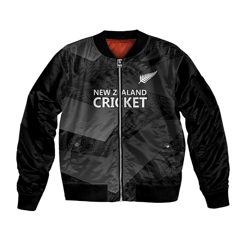 New Zealand Cricket Custom Sleeve Zip Bomber Jacket Potae Pango Black Fern Pattern