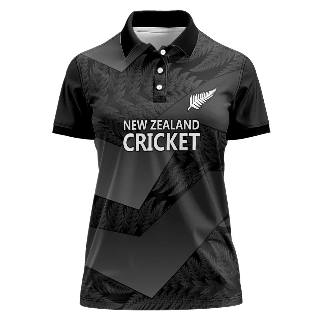 New Zealand Cricket Custom Women Polo Shirt Potae Pango Black Fern Pattern