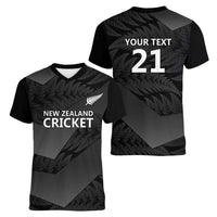 New Zealand Cricket Custom Women V-Neck T-Shirt Potae Pango Black Fern Pattern