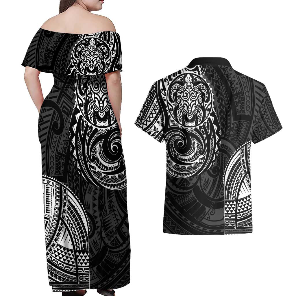 Polynesian Turtle Tribal Tattoo Couples Matching Off Shoulder Maxi Dress and Hawaiian Shirt Black Style