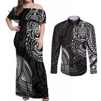Polynesian Turtle Tribal Tattoo Couples Matching Off Shoulder Maxi Dress and Long Sleeve Button Shirt Black Style