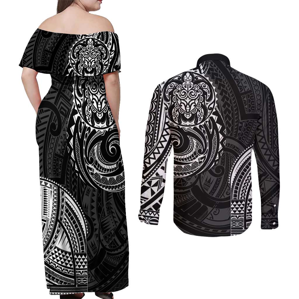 Polynesian Turtle Tribal Tattoo Couples Matching Off Shoulder Maxi Dress and Long Sleeve Button Shirt Black Style