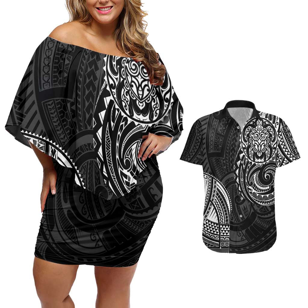 Polynesian Turtle Tribal Tattoo Couples Matching Off Shoulder Short Dress and Hawaiian Shirt Black Style