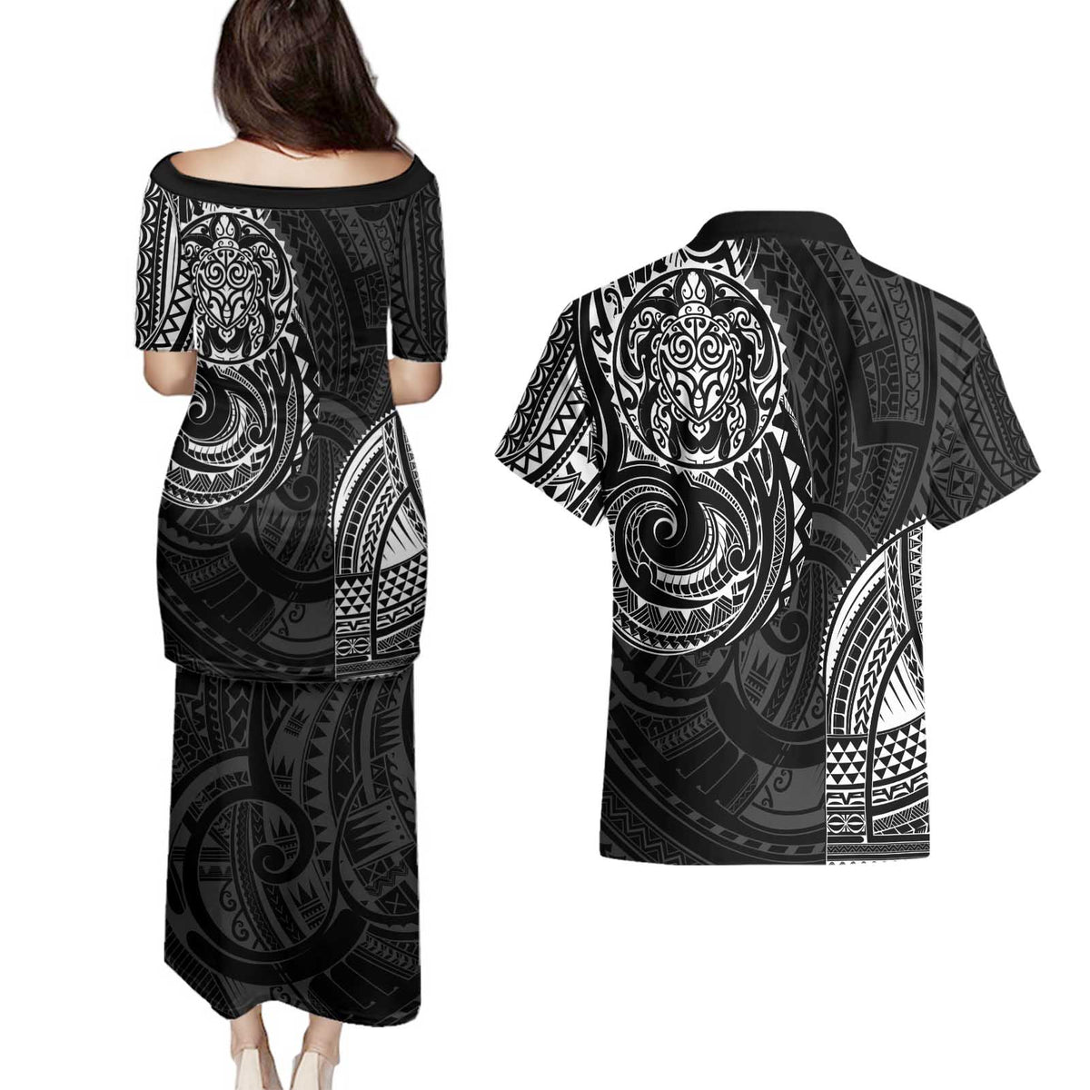 Polynesian Turtle Tribal Tattoo Couples Matching Puletasi and Hawaiian Shirt Black Style