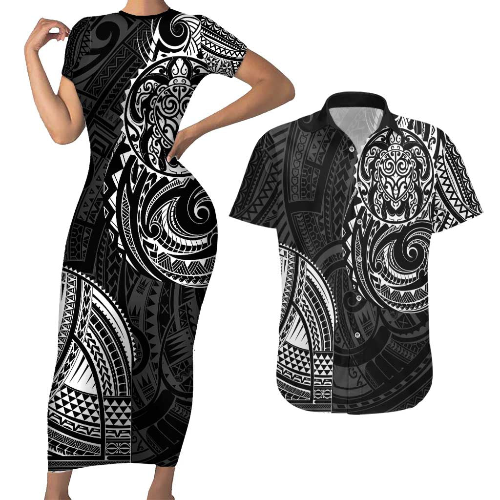 Polynesian Turtle Tribal Tattoo Couples Matching Short Sleeve Bodycon Dress and Hawaiian Shirt Black Style