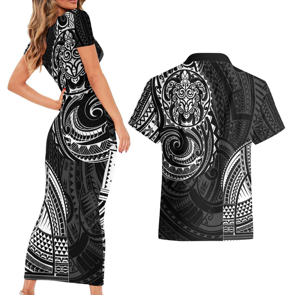 Polynesian Turtle Tribal Tattoo Couples Matching Short Sleeve Bodycon Dress and Hawaiian Shirt Black Style
