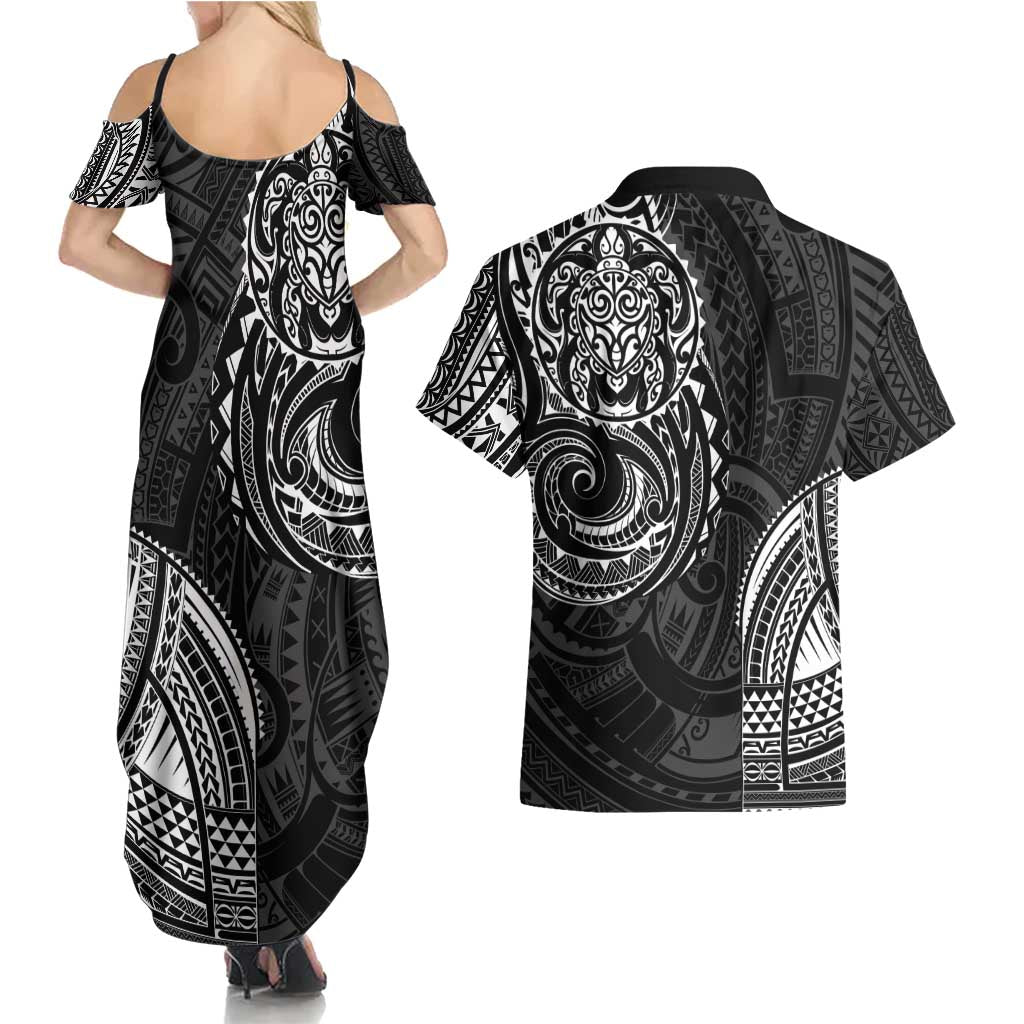 Polynesian Turtle Tribal Tattoo Couples Matching Summer Maxi Dress and Hawaiian Shirt Black Style