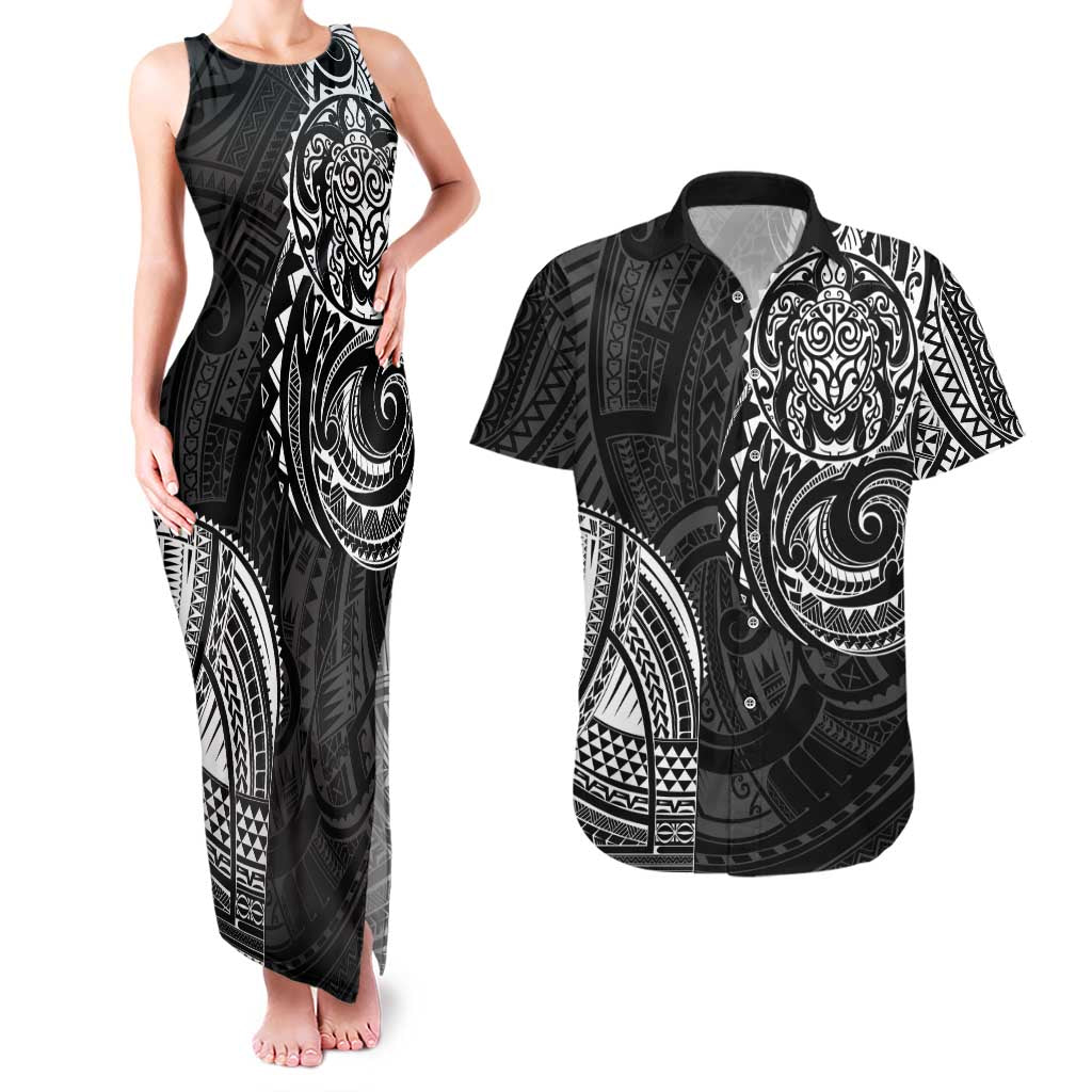 Polynesian Turtle Tribal Tattoo Couples Matching Tank Maxi Dress and Hawaiian Shirt Black Style