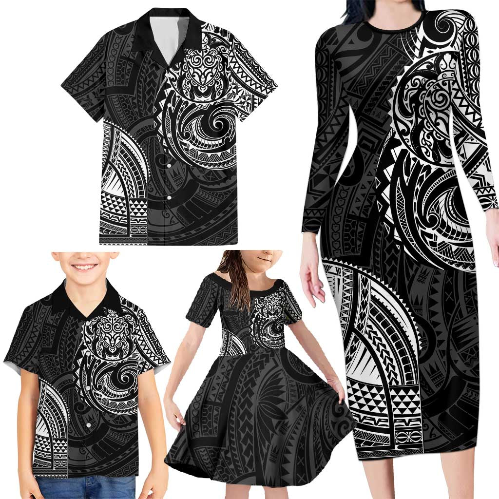 Polynesian Turtle Tribal Tattoo Family Matching Long Sleeve Bodycon Dress and Hawaiian Shirt Black Style LT9 - Polynesian Pride