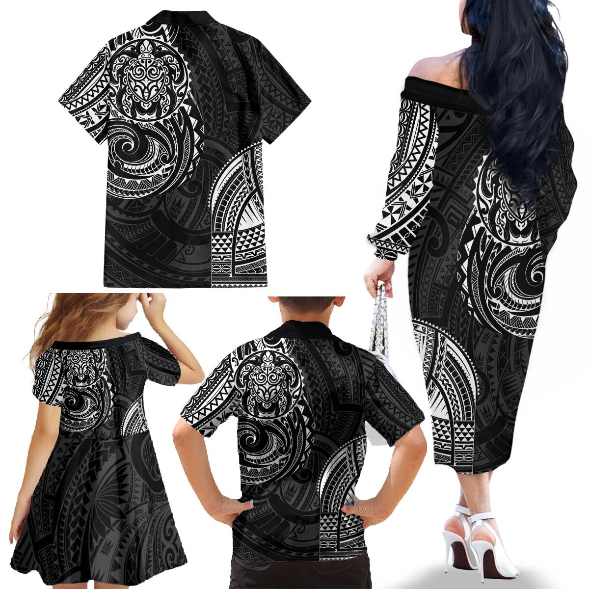 Polynesian Turtle Tribal Tattoo Family Matching Off The Shoulder Long Sleeve Dress and Hawaiian Shirt Black Style