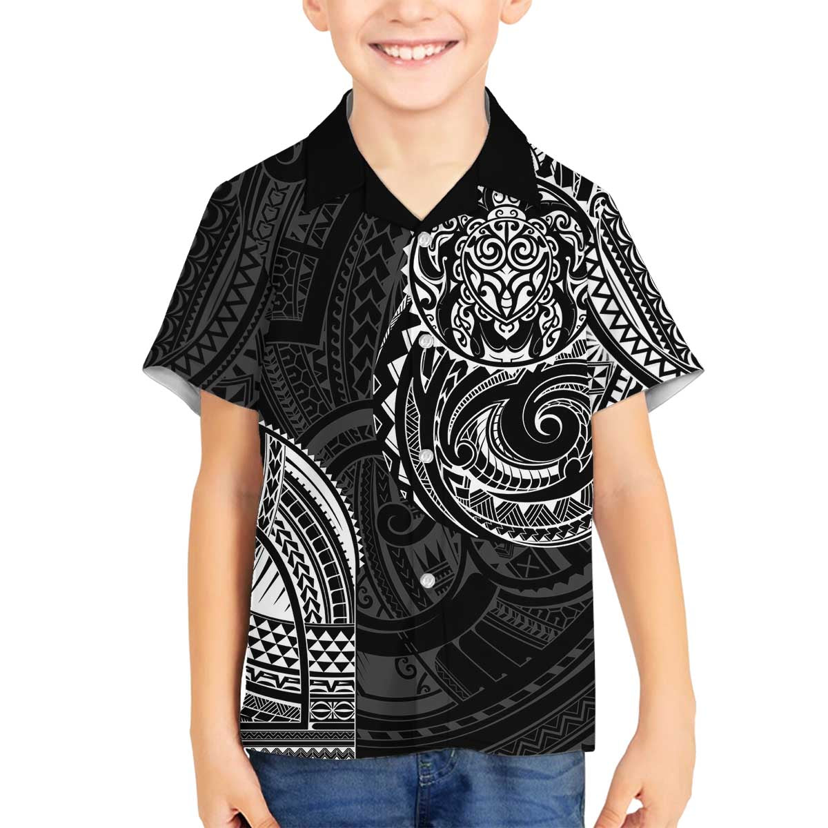 Polynesian Turtle Tribal Tattoo Family Matching Off The Shoulder Long Sleeve Dress and Hawaiian Shirt Black Style