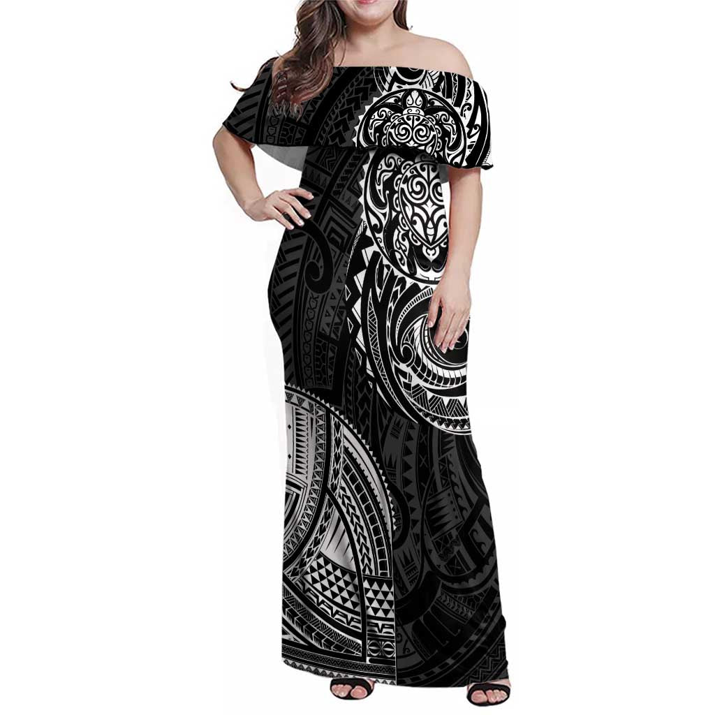 Polynesian Turtle Tribal Tattoo Family Matching Off Shoulder Maxi Dress and Hawaiian Shirt Black Style