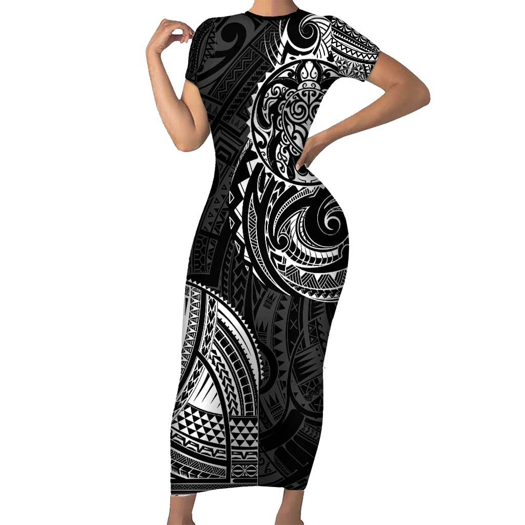 Polynesian Turtle Tribal Tattoo Family Matching Short Sleeve Bodycon Dress and Hawaiian Shirt Black Style LT9 Mom's Dress Black - Polynesian Pride