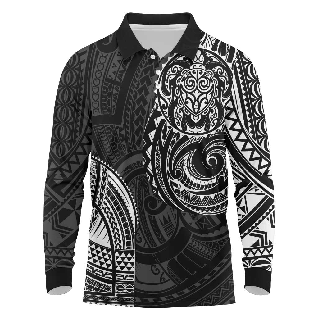 Polynesian Turtle Tribal Tattoo Long Sleeve Polo Shirt Black Style LT9 Black - Polynesian Pride