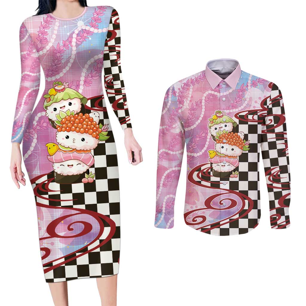 Personalized Japanese Kawaii Sushi Roll Couples Matching Long Sleeve Bodycon Dress and Long Sleeve Button Shirt Wagara Palaka Pattern