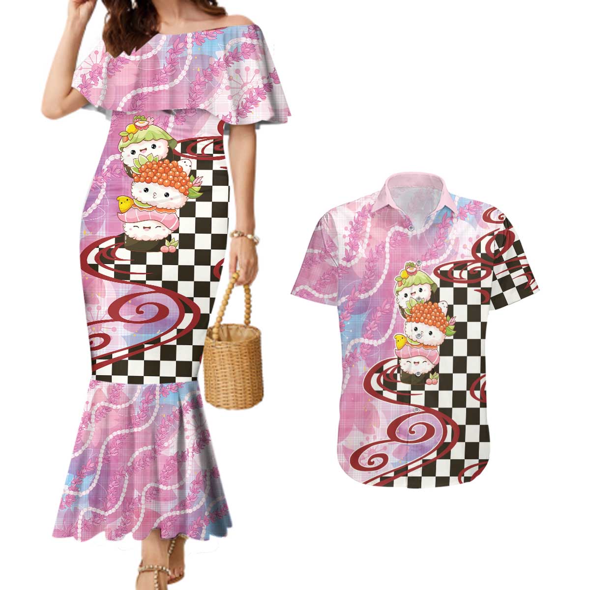 Personalized Japanese Kawaii Sushi Roll Couples Matching Mermaid Dress and Hawaiian Shirt Wagara Palaka Pattern