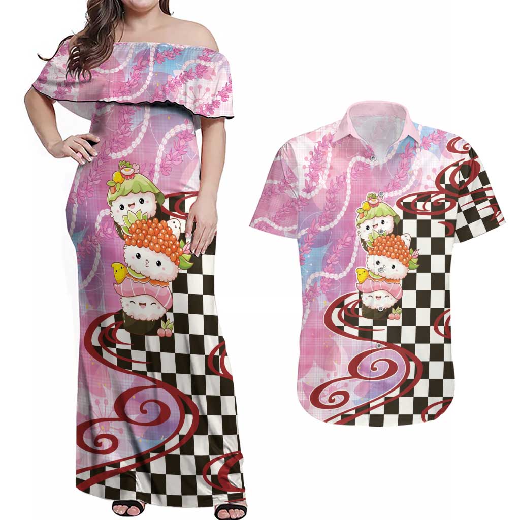 Personalized Japanese Kawaii Sushi Roll Couples Matching Off Shoulder Maxi Dress and Hawaiian Shirt Wagara Palaka Pattern