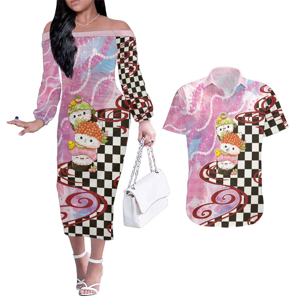 Personalized Japanese Kawaii Sushi Roll Couples Matching Off The Shoulder Long Sleeve Dress and Hawaiian Shirt Wagara Palaka Pattern