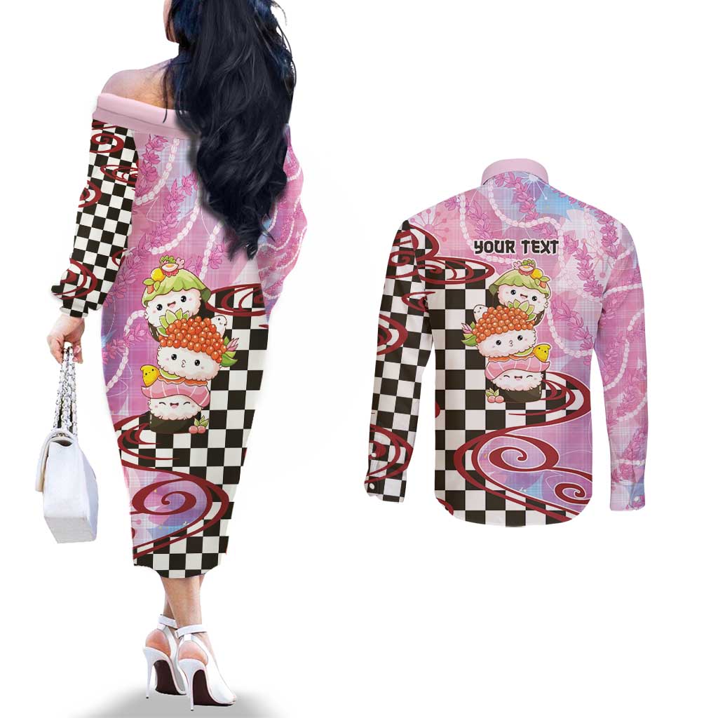 Personalized Japanese Kawaii Sushi Roll Couples Matching Off The Shoulder Long Sleeve Dress and Long Sleeve Button Shirt Wagara Palaka Pattern