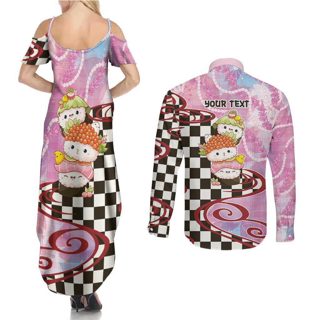 Personalized Japanese Kawaii Sushi Roll Couples Matching Summer Maxi Dress and Long Sleeve Button Shirt Wagara Palaka Pattern
