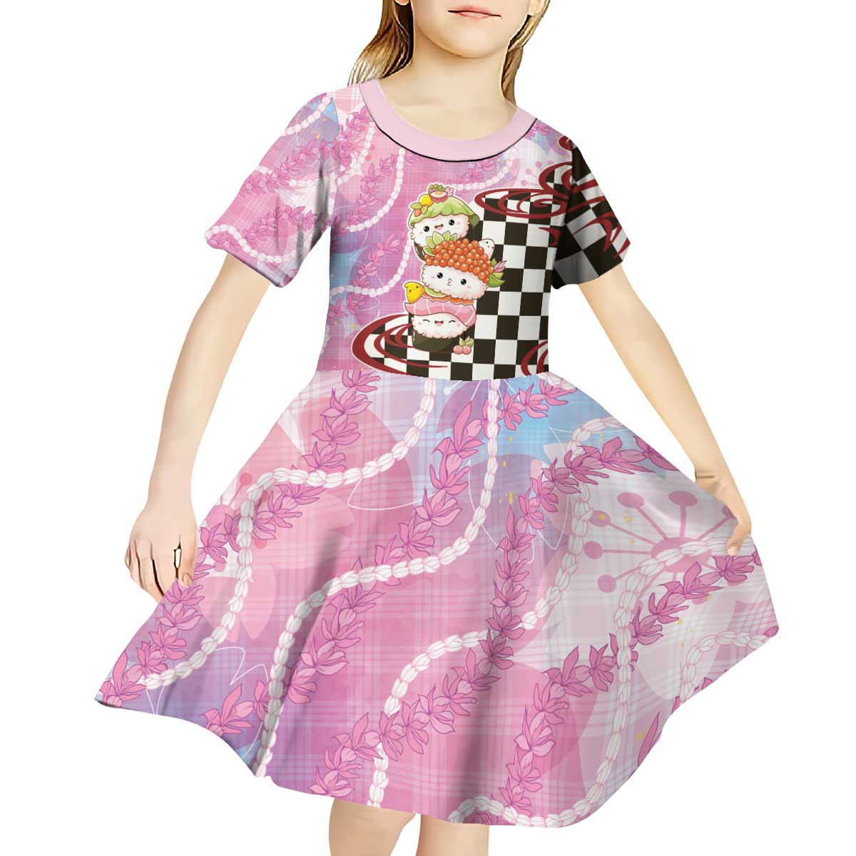 Personalized Japanese Kawaii Sushi Roll Kid Short Sleeve Dress Wagara Palaka Pattern