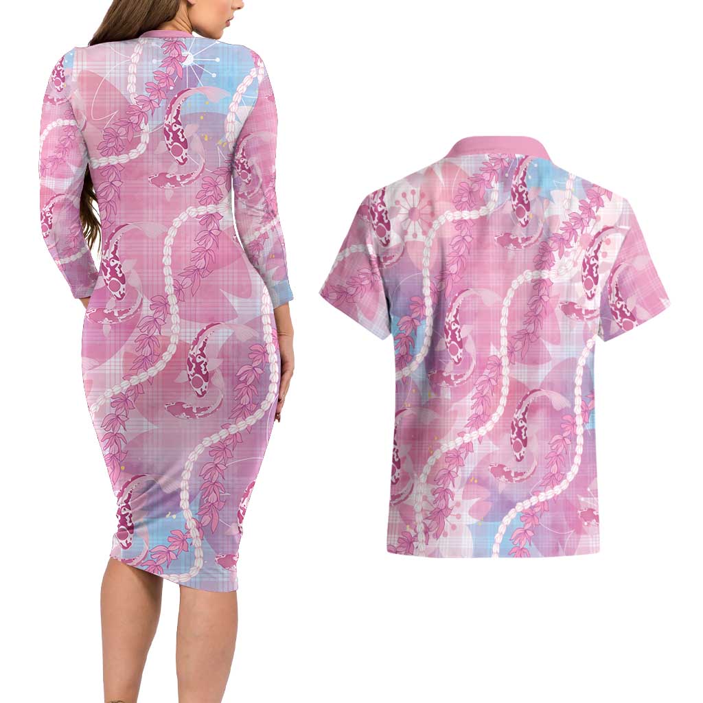 Japanese Koi Fish Couples Matching Long Sleeve Bodycon Dress and Hawaiian Shirt Pink Wagara Palaka Honohono Pikake Lei LT9 - Polynesian Pride