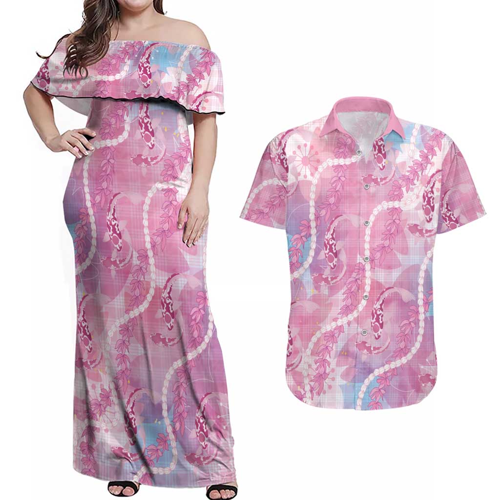 Japanese Koi Fish Couples Matching Off Shoulder Maxi Dress and Hawaiian Shirt Pink Wagara Palaka Honohono Pikake Lei