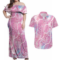 Japanese Koi Fish Couples Matching Off Shoulder Maxi Dress and Hawaiian Shirt Pink Wagara Palaka Honohono Pikake Lei LT9 Pink - Polynesian Pride