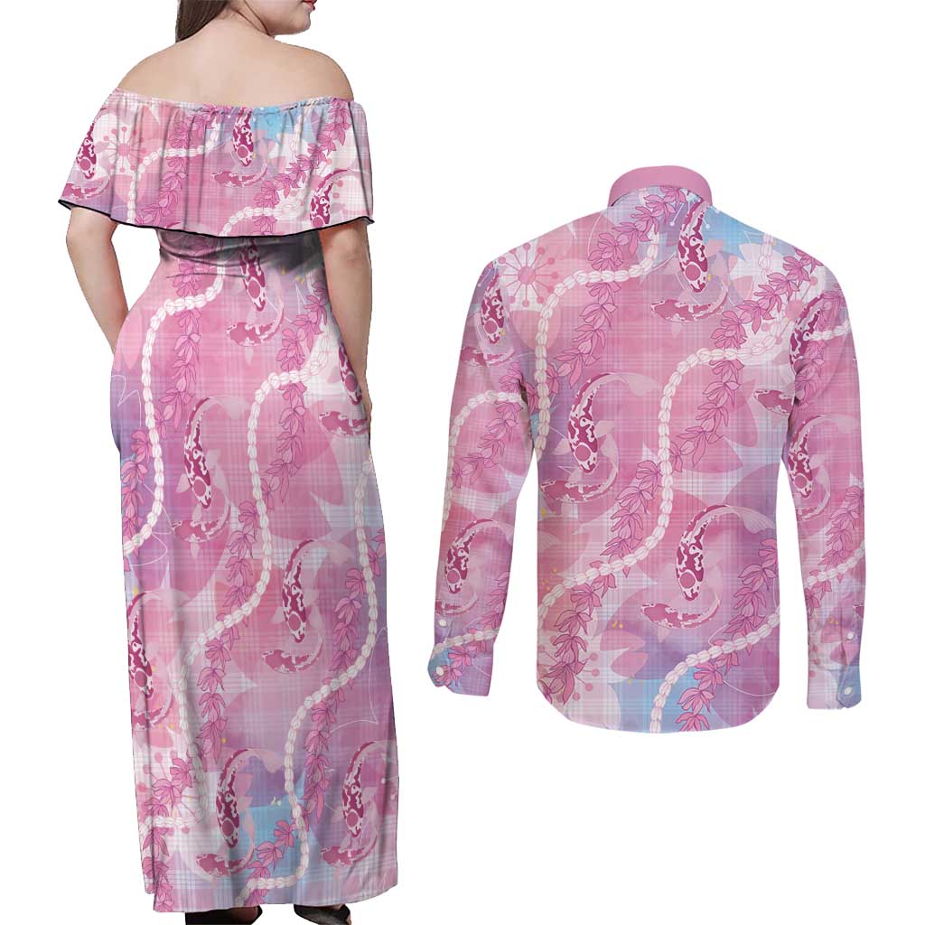 Japanese Koi Fish Couples Matching Off Shoulder Maxi Dress and Long Sleeve Button Shirt Pink Wagara Palaka Honohono Pikake Lei LT9 - Polynesian Pride