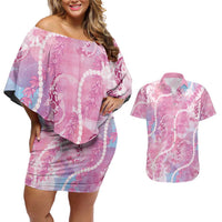 Japanese Koi Fish Couples Matching Off Shoulder Short Dress and Hawaiian Shirt Pink Wagara Palaka Honohono Pikake Lei LT9 Pink - Polynesian Pride
